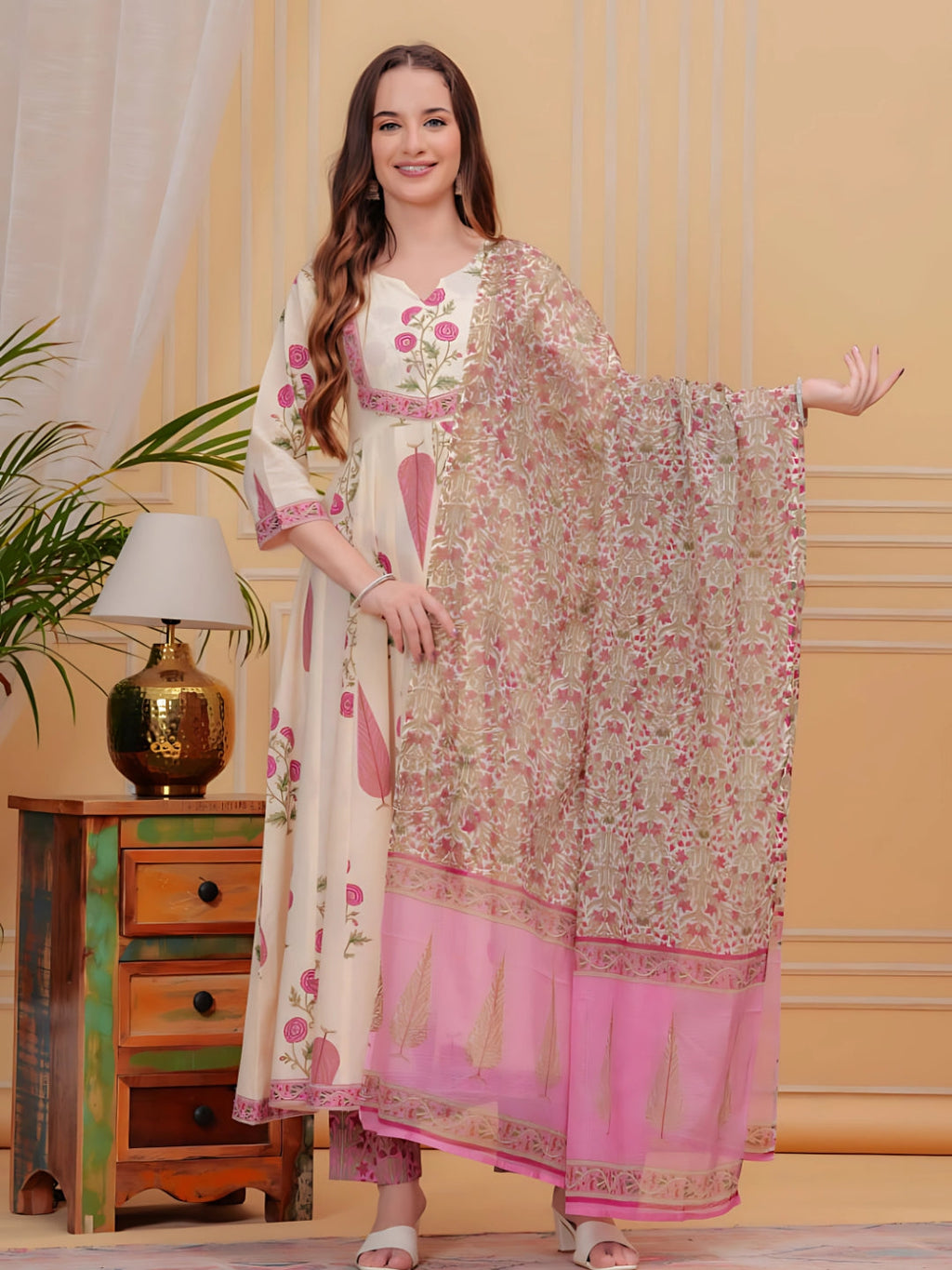 Pink Printed Designer Neck Flared Anarkali Kurta Set