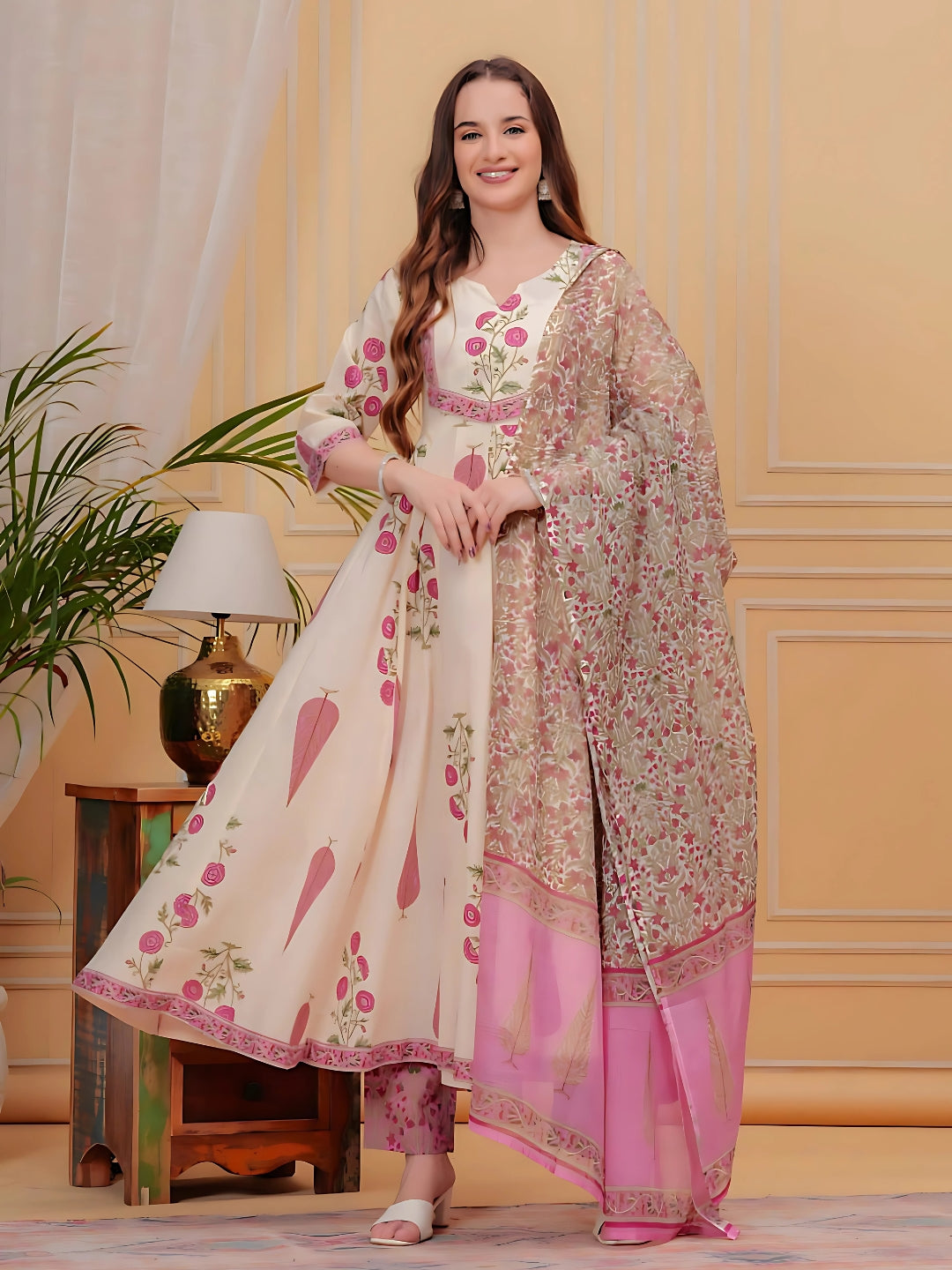 Pink Printed Flared Anarkali Kurta with designer neck, matching pants, and dupatta