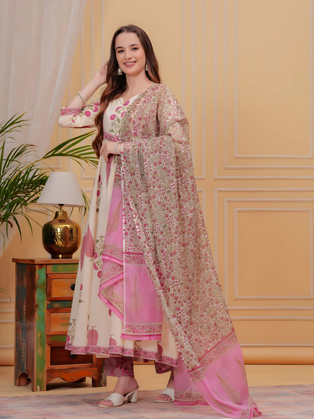Pink Printed Designer Neck Flared Anarkali Kurta Set