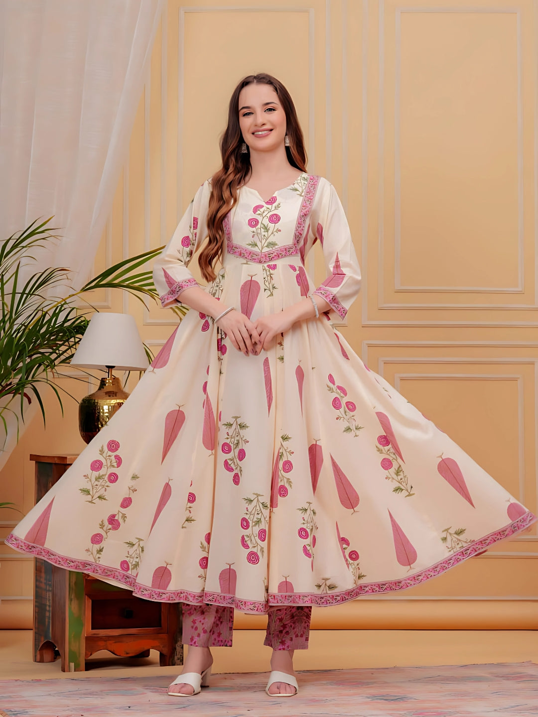 Pink Printed Designer Neck Flared Anarkali Kurta Set
