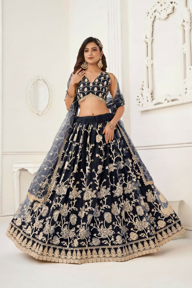 Black Butterfly Net Lehenga Choli with Cotton Thread Embroidery