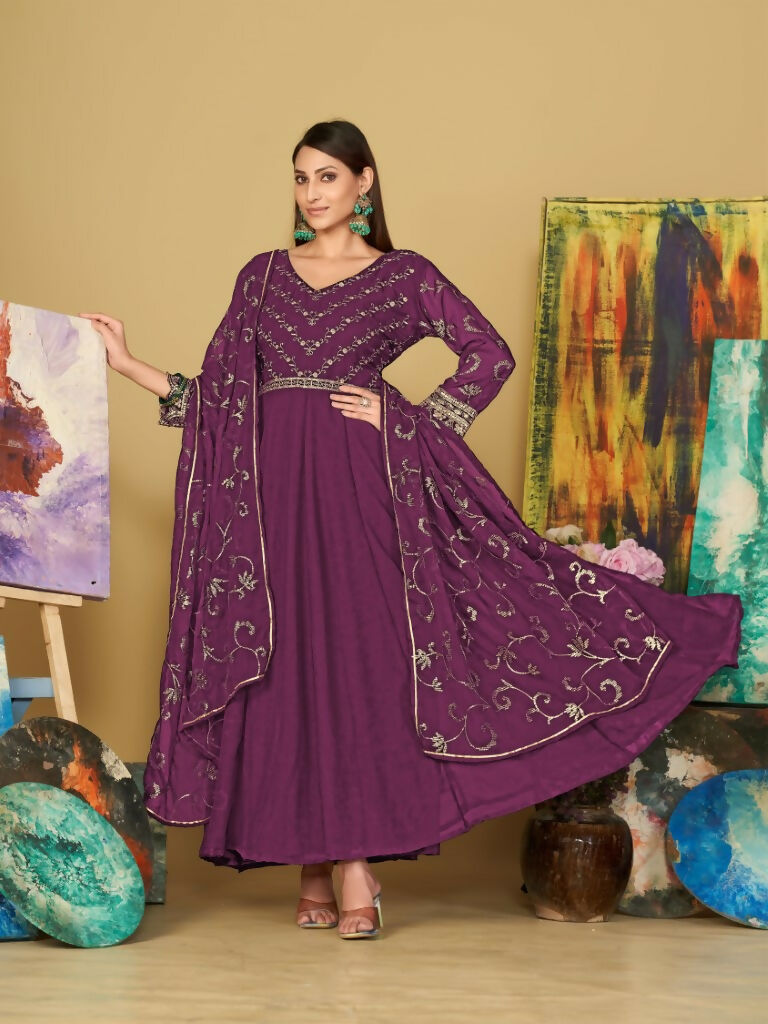 Purple Georgette Embroidered Anarkali Kurta Pant Set