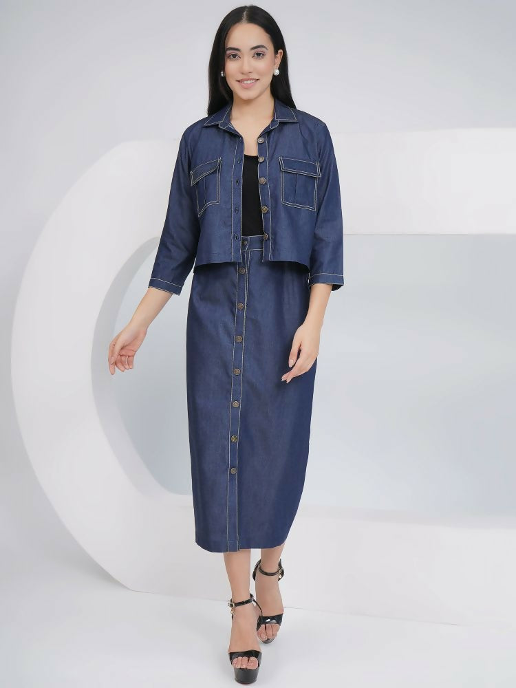A stylish Joban Fashion black cotton denim pencil skirt paired with a matching black denim jacket