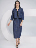 A stylish Joban Fashion black cotton denim pencil skirt paired with a matching black denim jacket