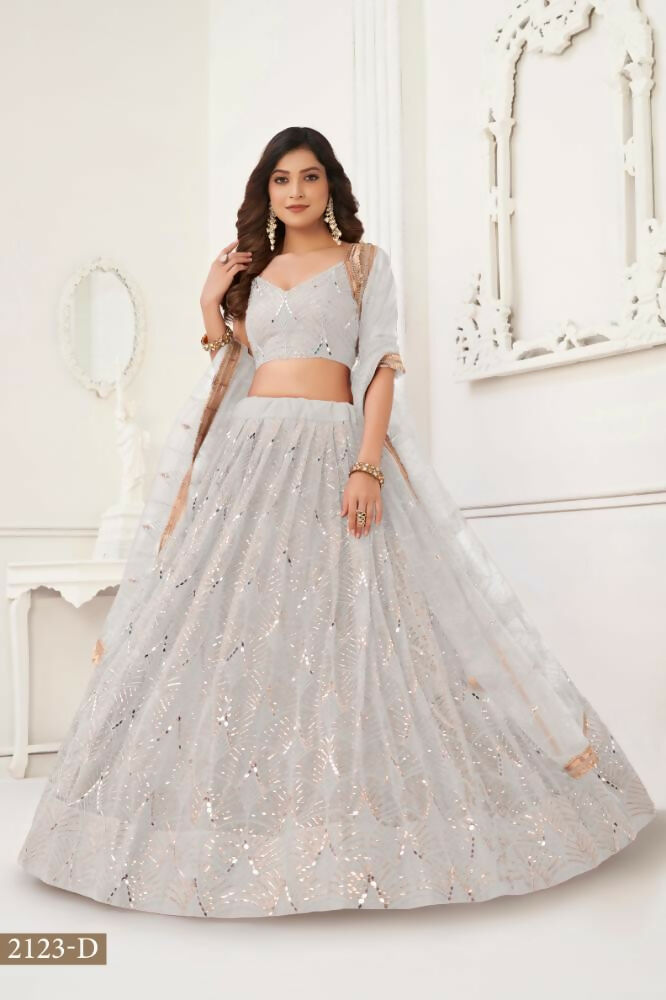 Off White Butterfly Net Lehenga Choli With Mirror & Sequence Work