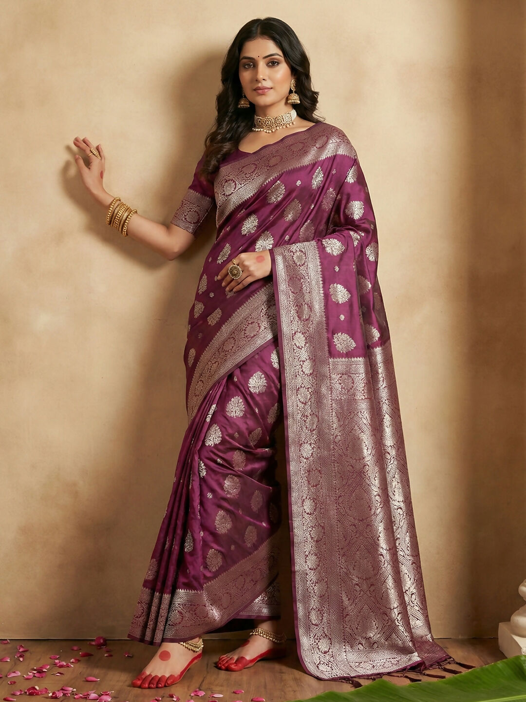 Beautiful purple silk blend saree with matching blouse piece draped elegantly.