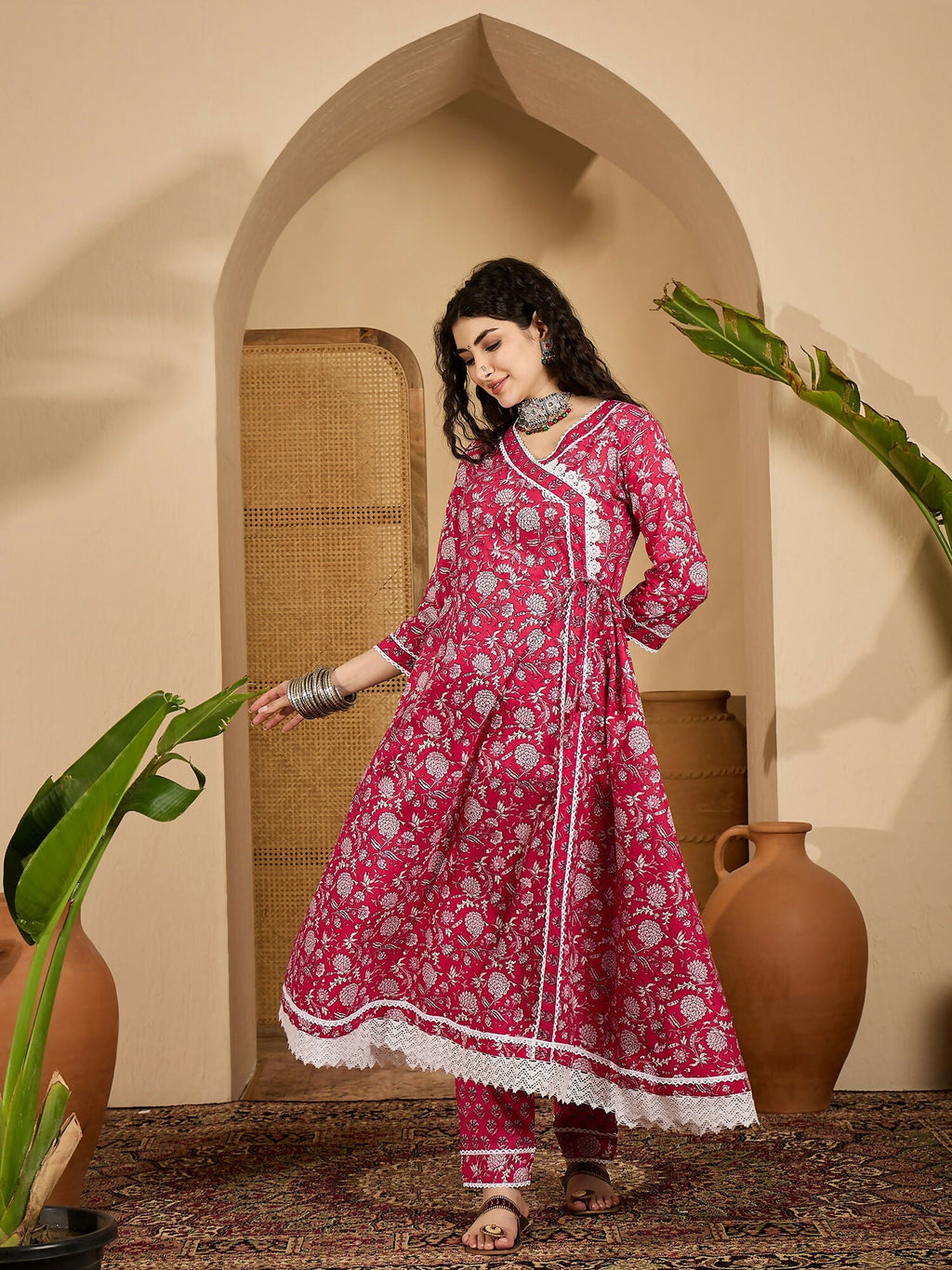 Women's Printed Pink Pure Cotton Kurta Set