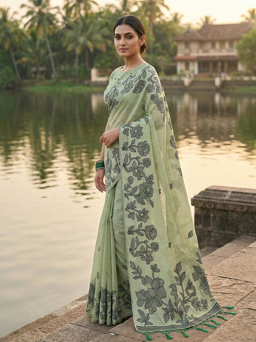 Light Green Linen Cotton Saree with Matching Blouse