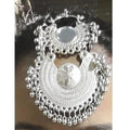 Oxidized silver two-step maang tikka with decorative drops and Chandbali design