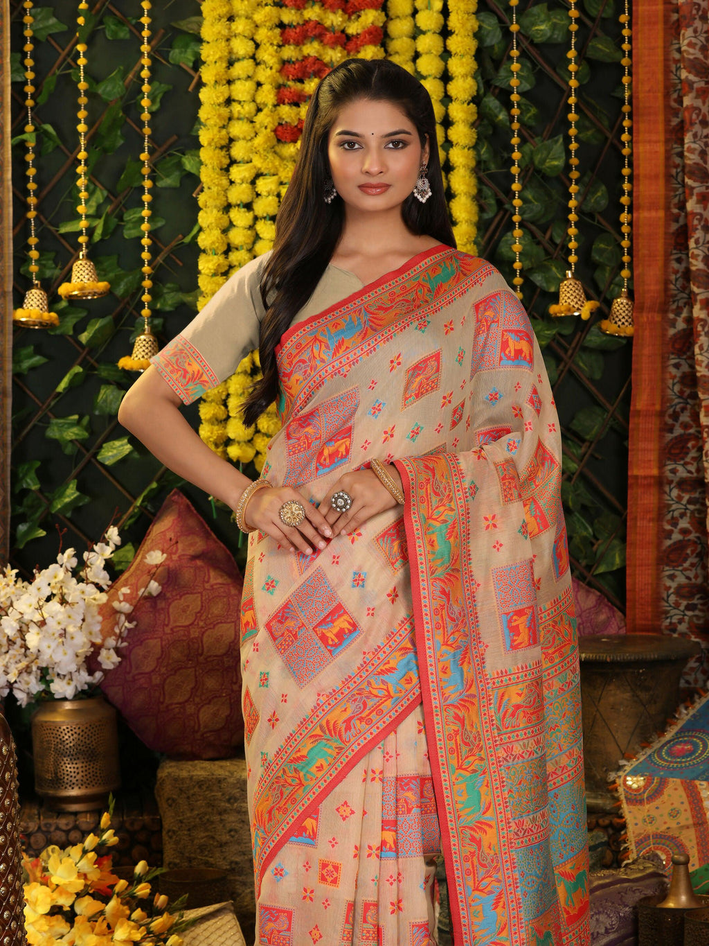 Off White Linen Cotton Saree with Matching Blouse Piece