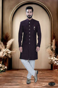 Wine-colored boys ethnic kurta set featuring a self-design texture and polo-style pyjamas.