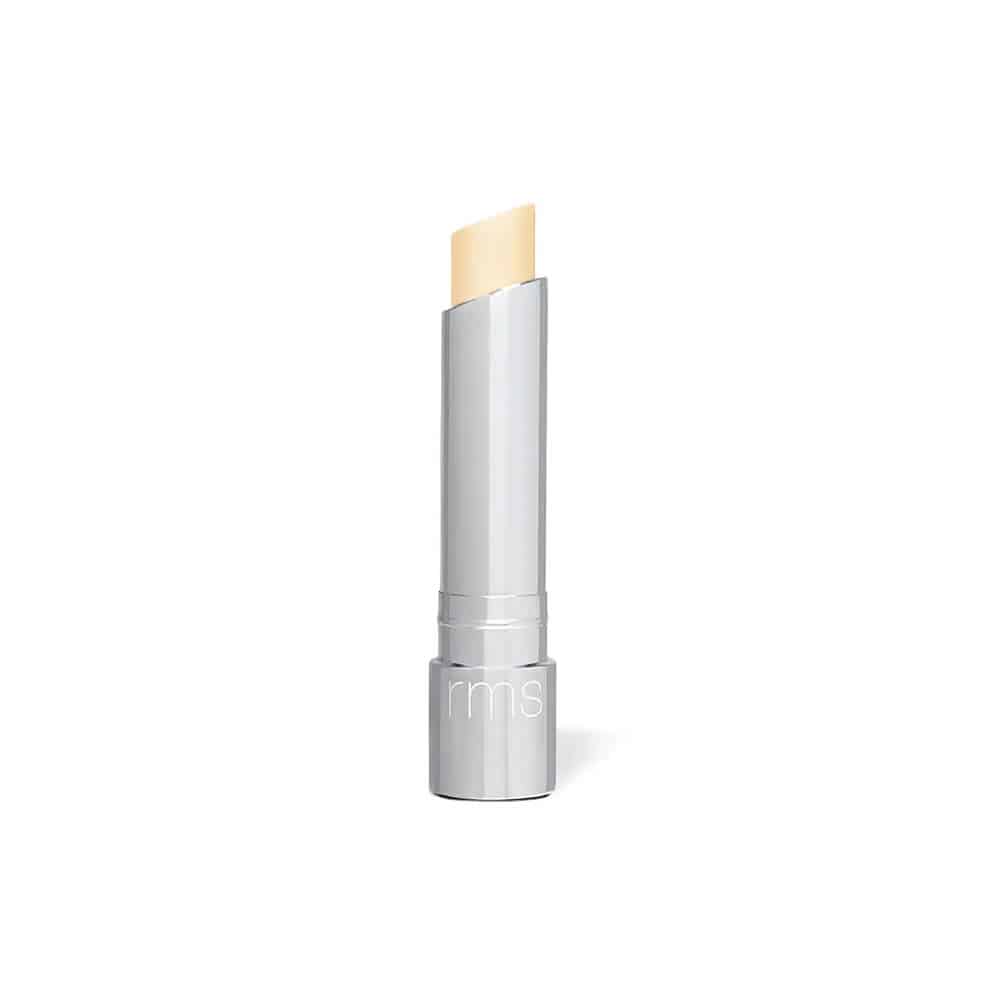 RMS Tinted Daily Lip Balm in a metallic silver stick case showing various sheer tinted shades