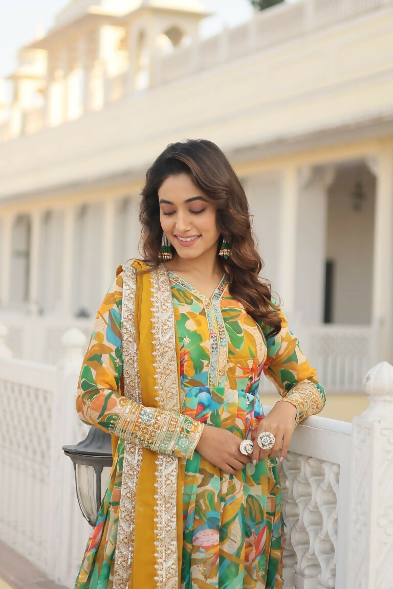 Green Russian Silk Anarkali Dress with Zari & Sequins Work