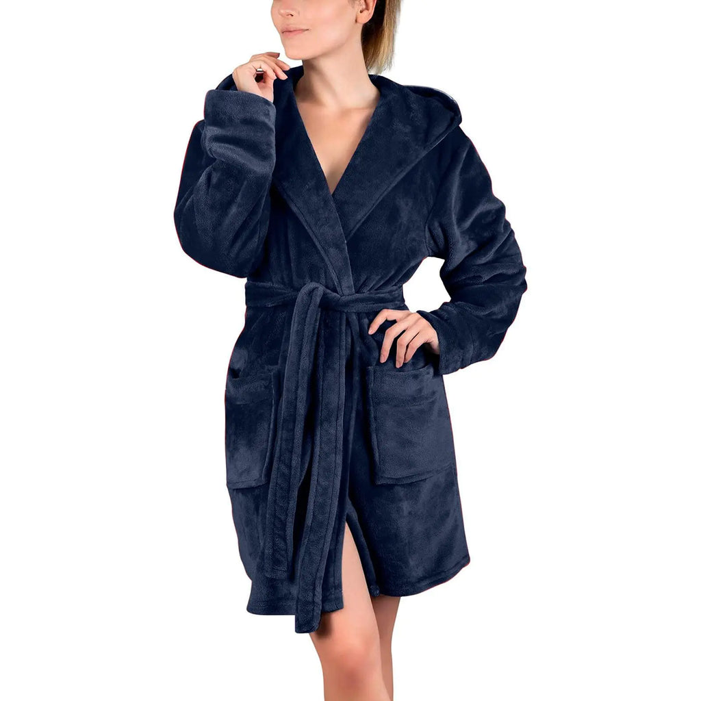 Cyber Trendy Monday Deals 2023 Womens Fuzzy Robe Mid Length Bathrobe Belted Soft Bath Robes Plush Kimono Robe with Pockets Fall Winter Spa Robes Robe for Women Hoodie