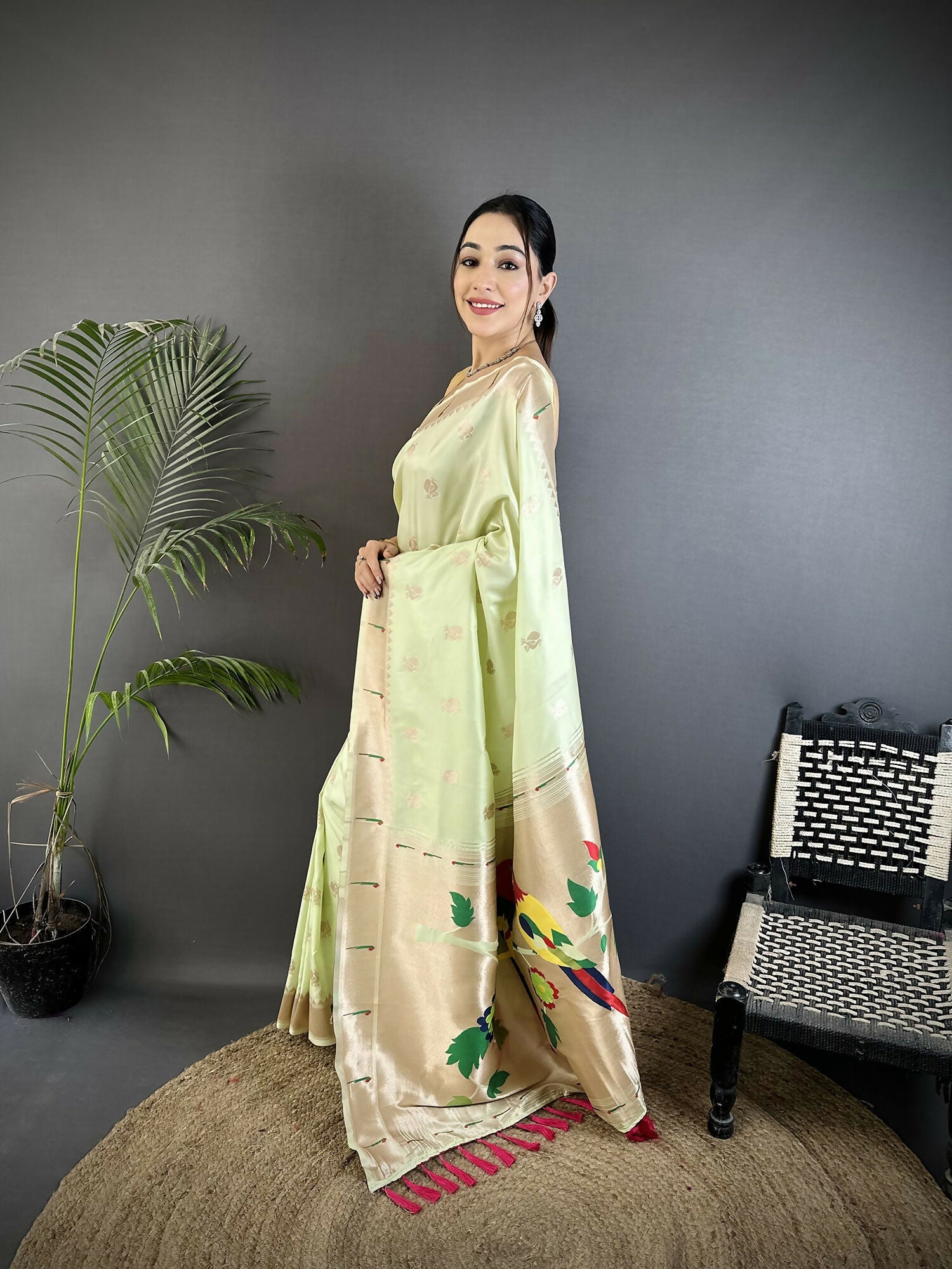 Pista Green Kanchipuram Soft Silk Saree with Peacock Floral Motifs