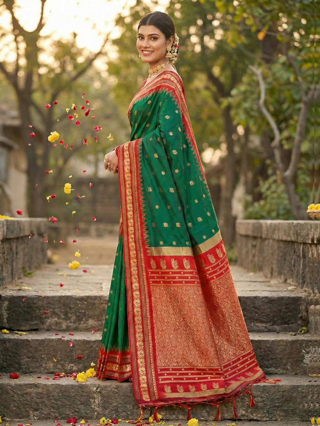 Green Soft Silk Saree with Matching Blouse