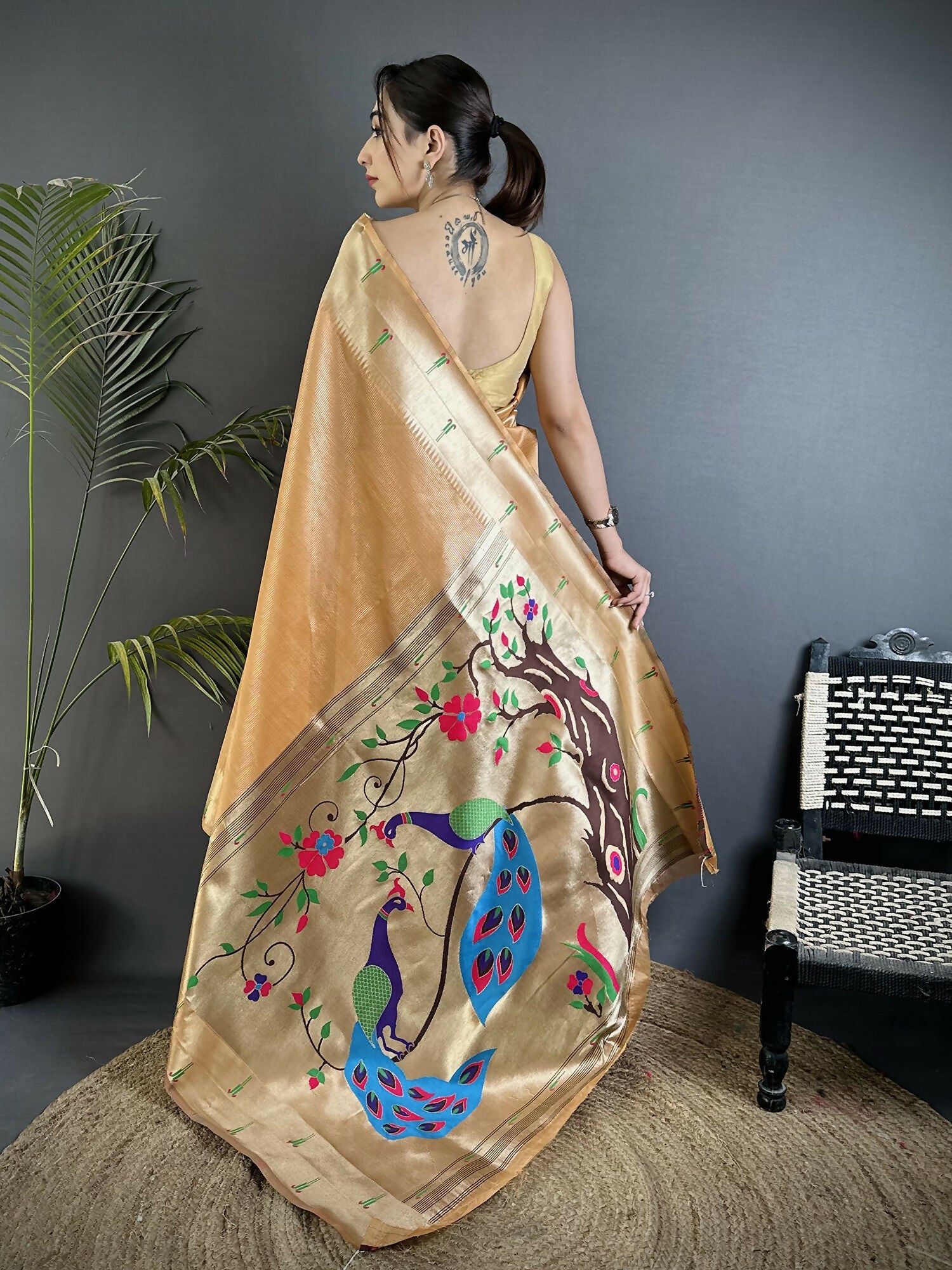 Joban Fashion Gold Yellow Peacock & Floral Motifs Tissue Paithani Saree
