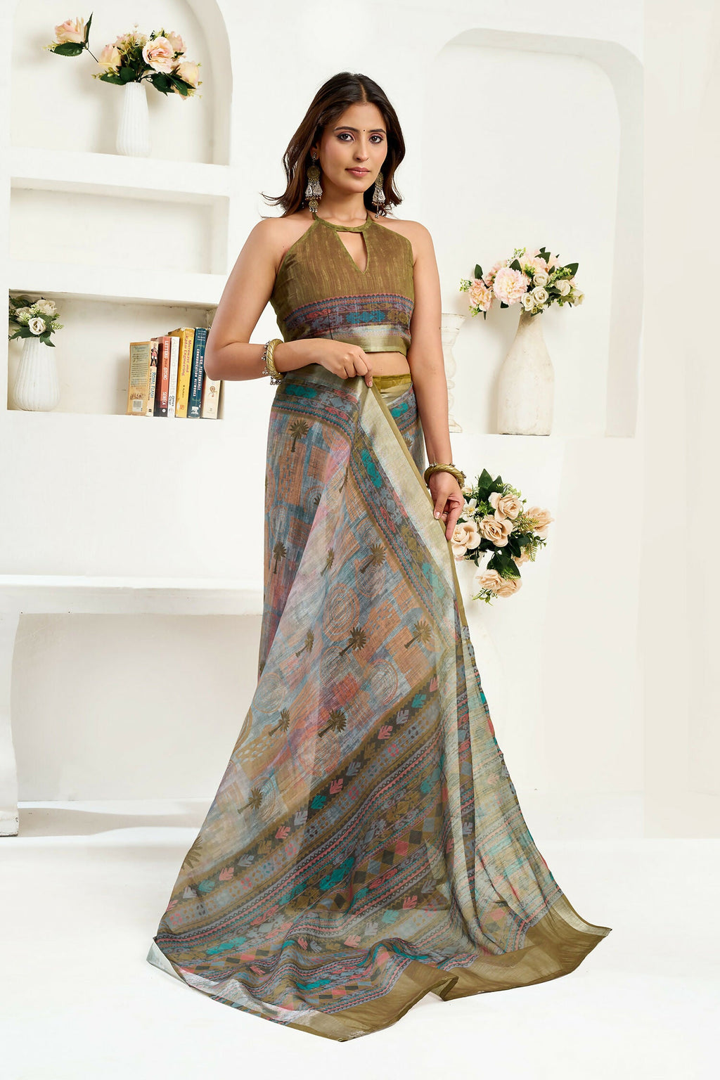 Dusty Green Floral & Ethnic Motif Linen Ready To Wear Saree