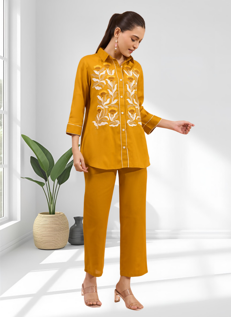 Mustard cotton linen cord set featuring elegant embroidery and a collared neck design