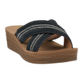 Robyn black sandals with embellished crisscross straps and contoured footbed.