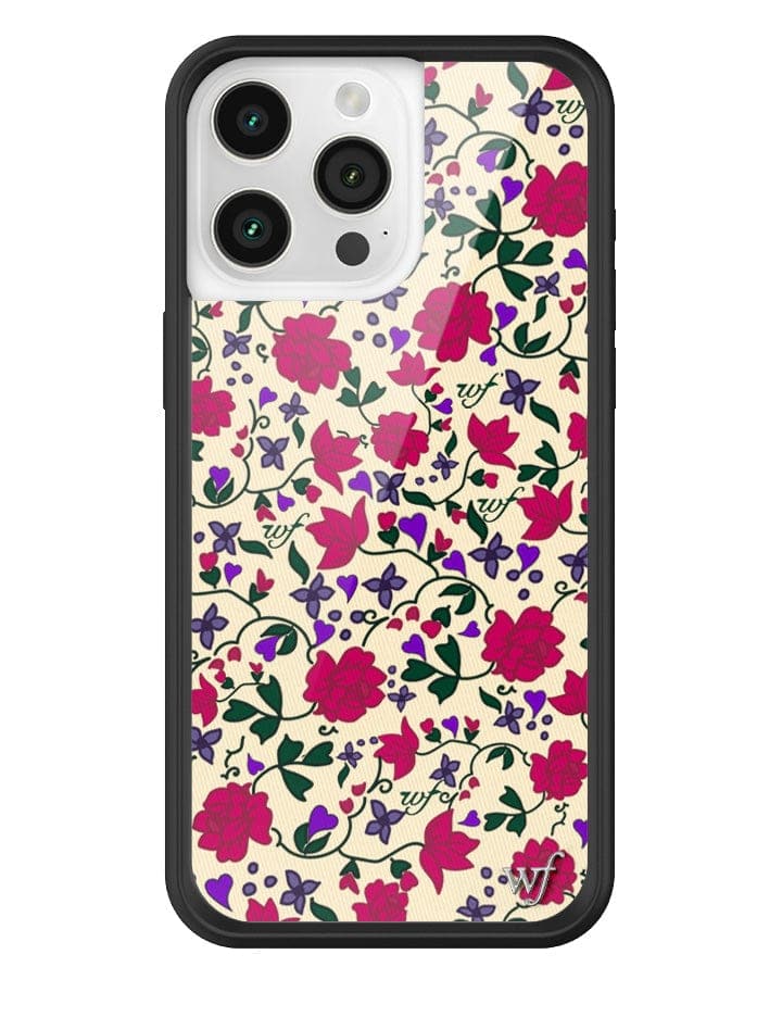 Rose Romance iPhone case with pink roses and purple heart buds on a cream vanilla background