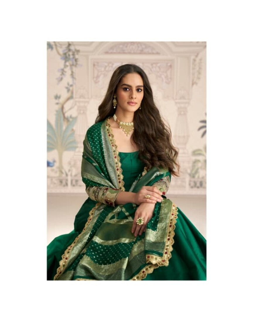 Green Silk Wedding Gown Ensemble - Elegant Traditional Ethnic Wear