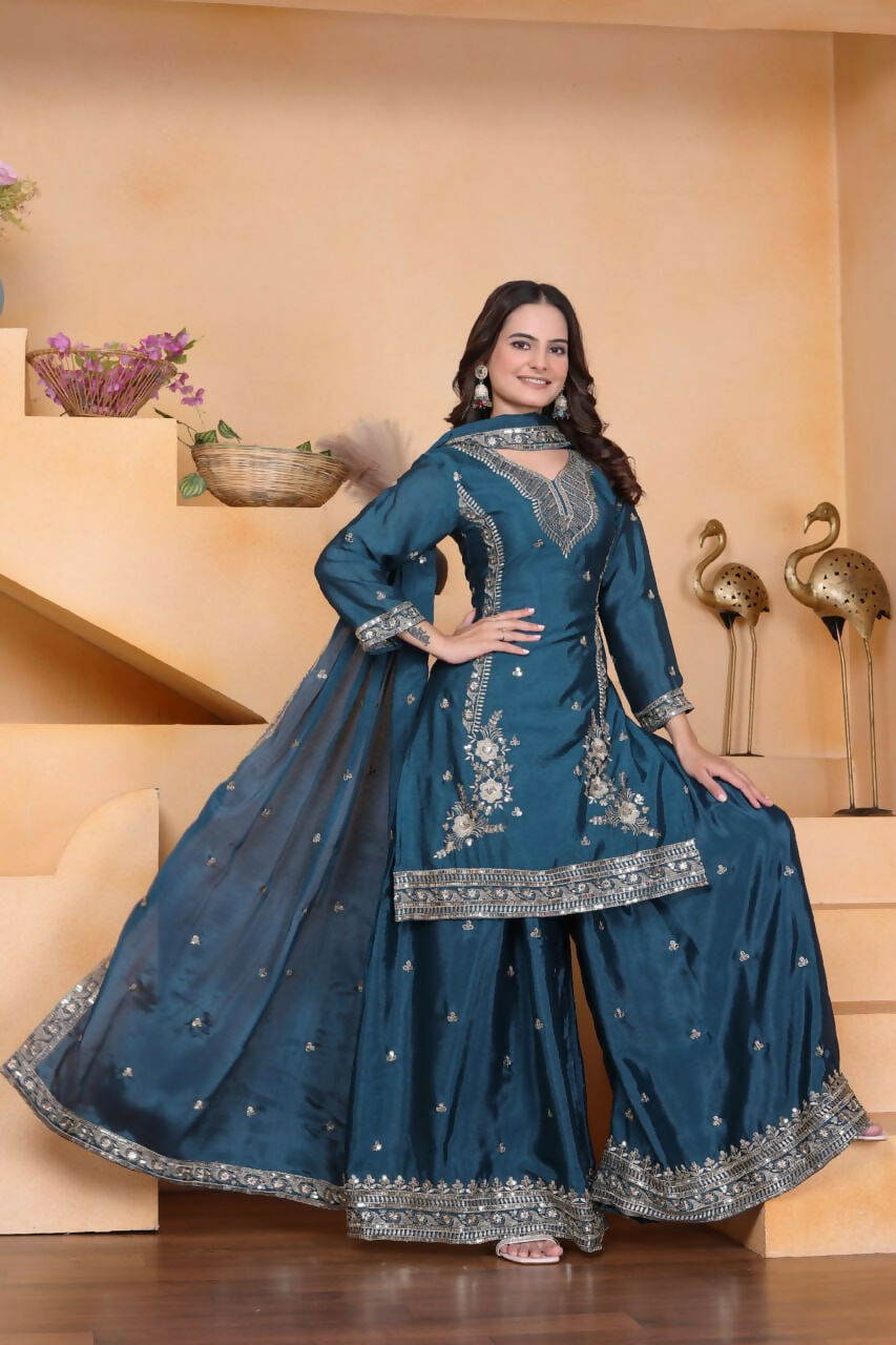 Teal Crepe Embroidered Sharara Set - Festive Kurti Outfit