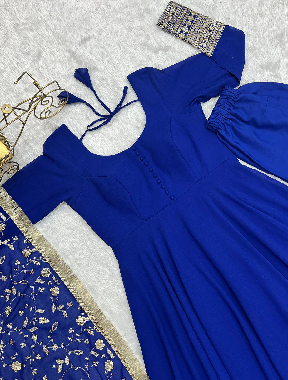 Women's Blue Georgette Anarkali Gown Set with Sequin & Jari Work