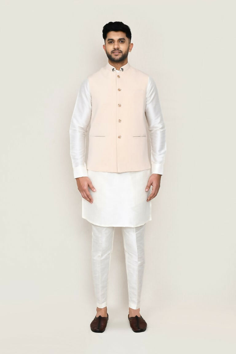 Classic White Art Silk Kurta, Jacket and Straight Pant Set