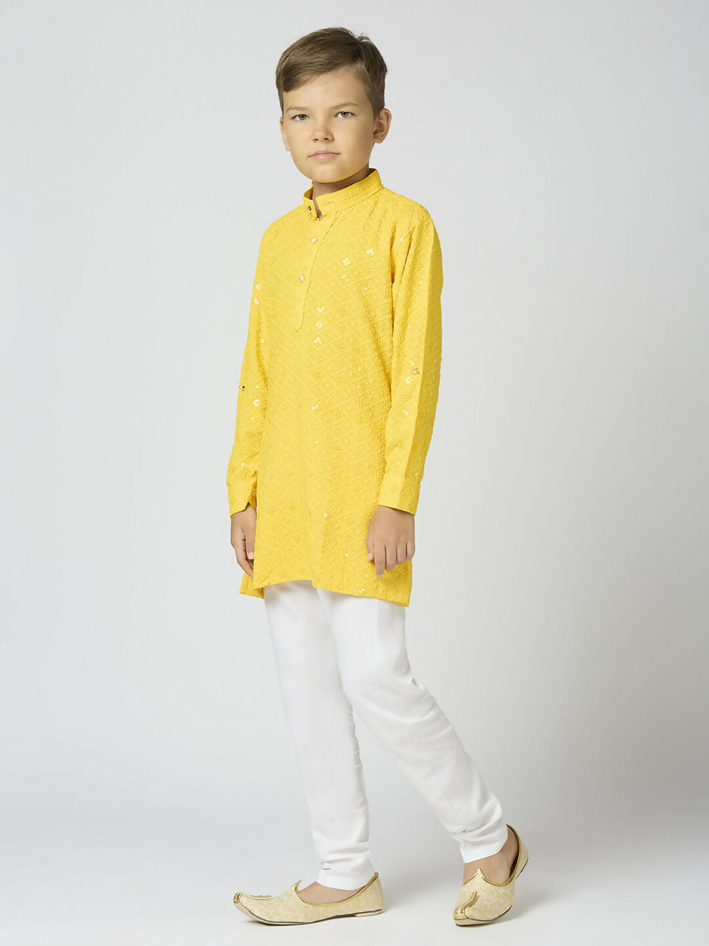 Kids Yellow Cotton Kurta and Pyjama Set with Sequin Work