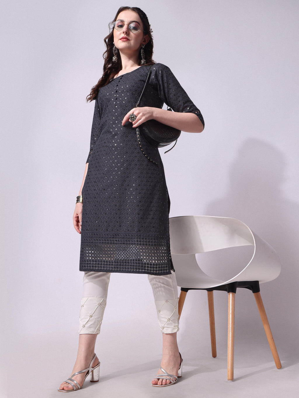 Multicolor rayon embroidered kurta paired with matching pant and dupatta