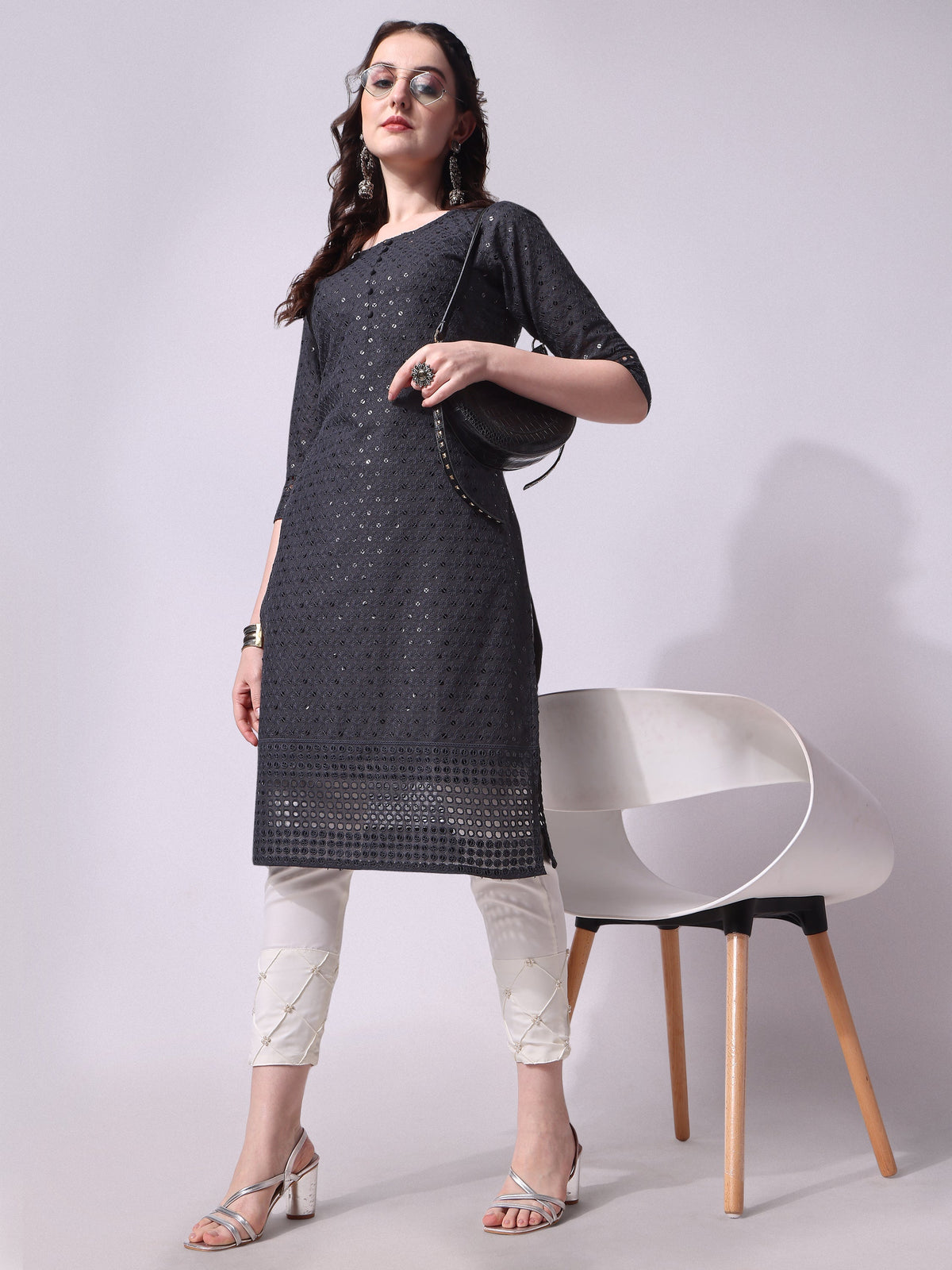 Multicolor rayon embroidered kurta paired with matching pant and dupatta