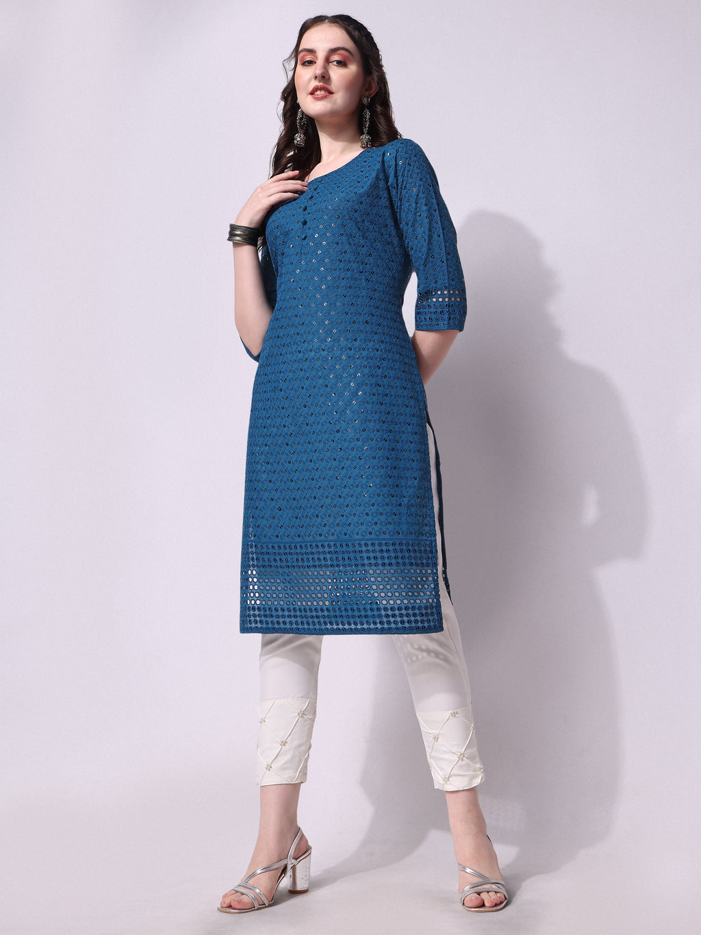 Multicolor rayon embroidered kurta paired with matching pant and dupatta
