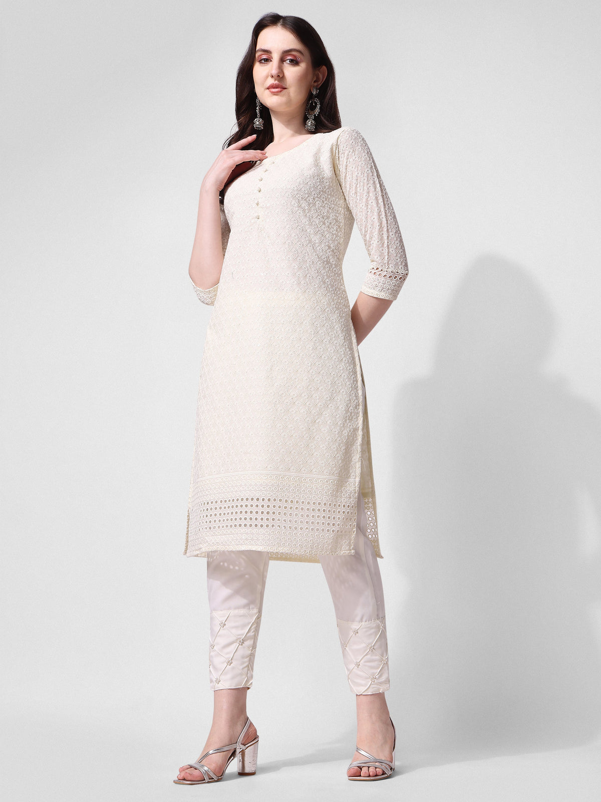 Multicolor rayon embroidered kurta paired with matching pant and dupatta