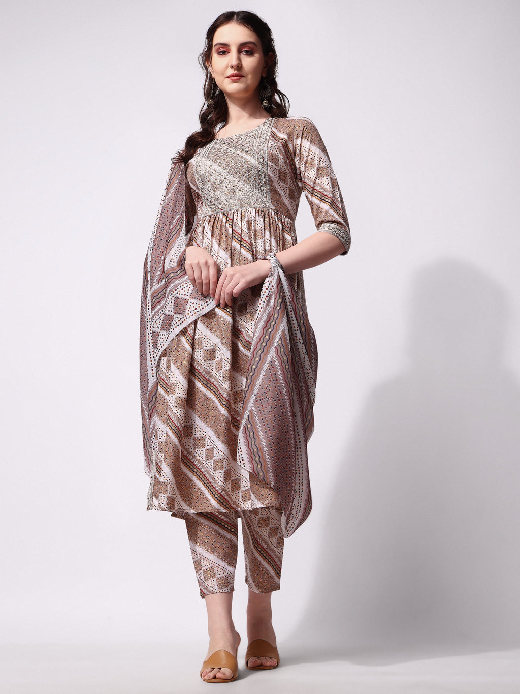 Nayra cut multicolor embroidered rayon kurta with pants and dupatta