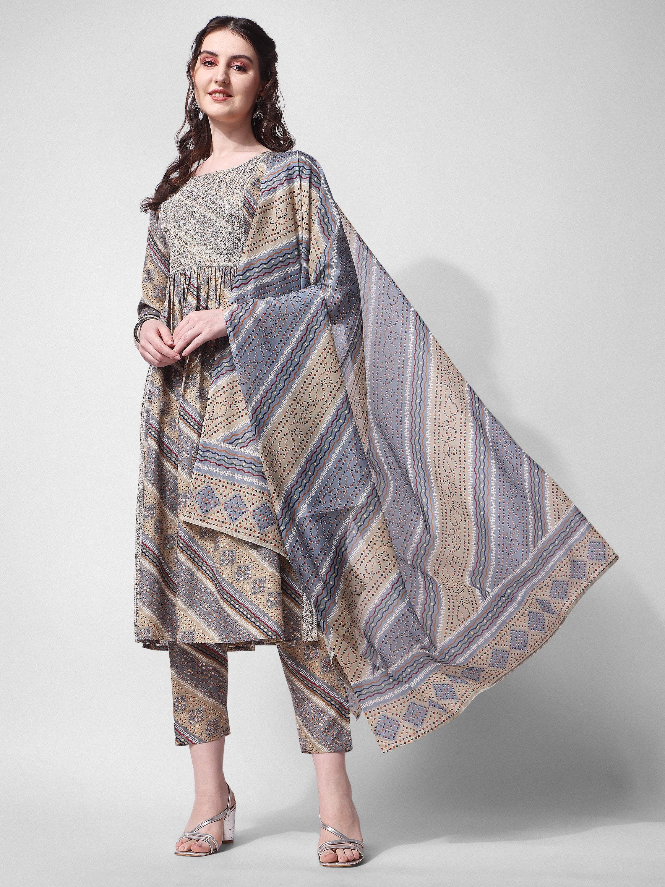Multicolor Nayra cut embroidered kurta with matching pant and dupatta set in rayon fabric