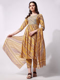 Nayra cut embroidered kurta with pants and dupatta in multicolor rayon.