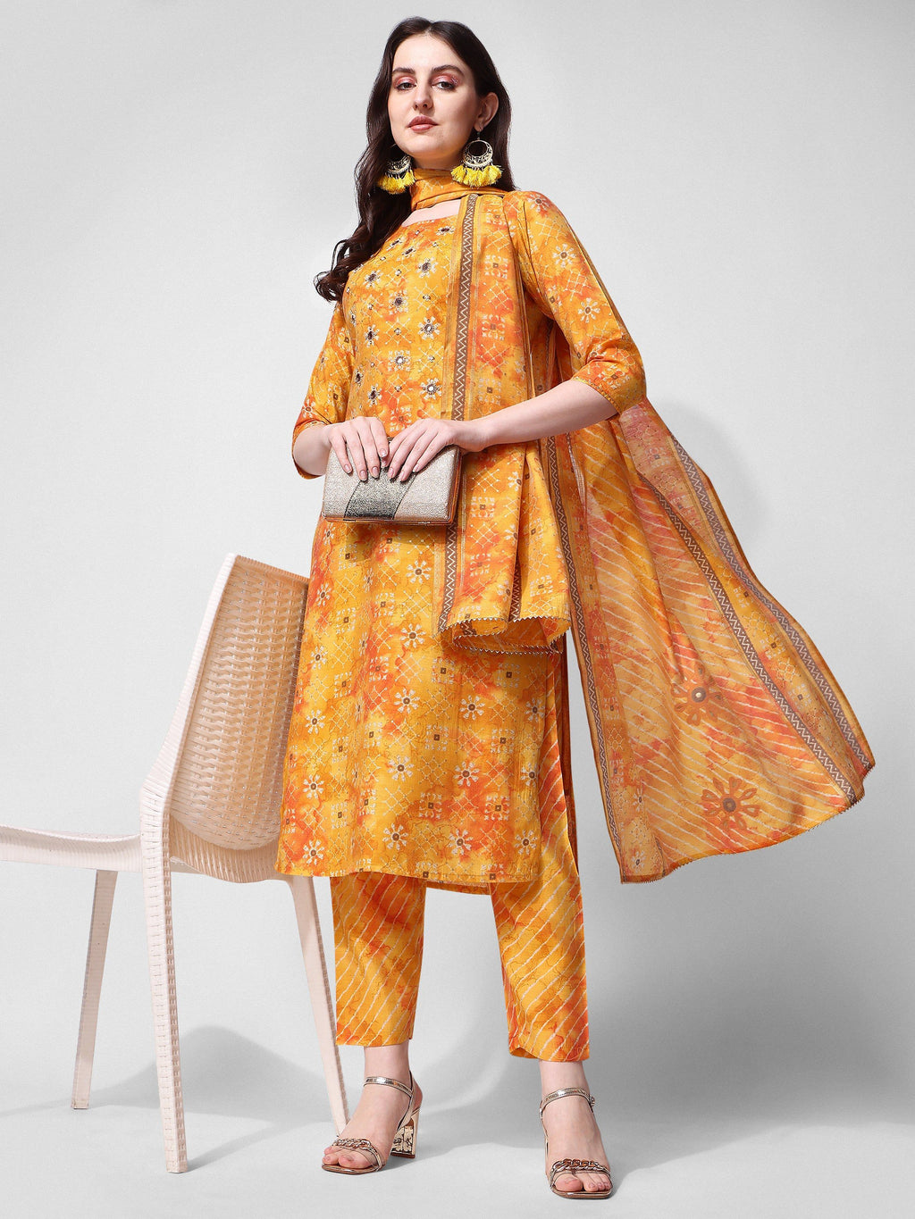 Multicolor printed and embroidered rayon kurta set with pants and dupatta
