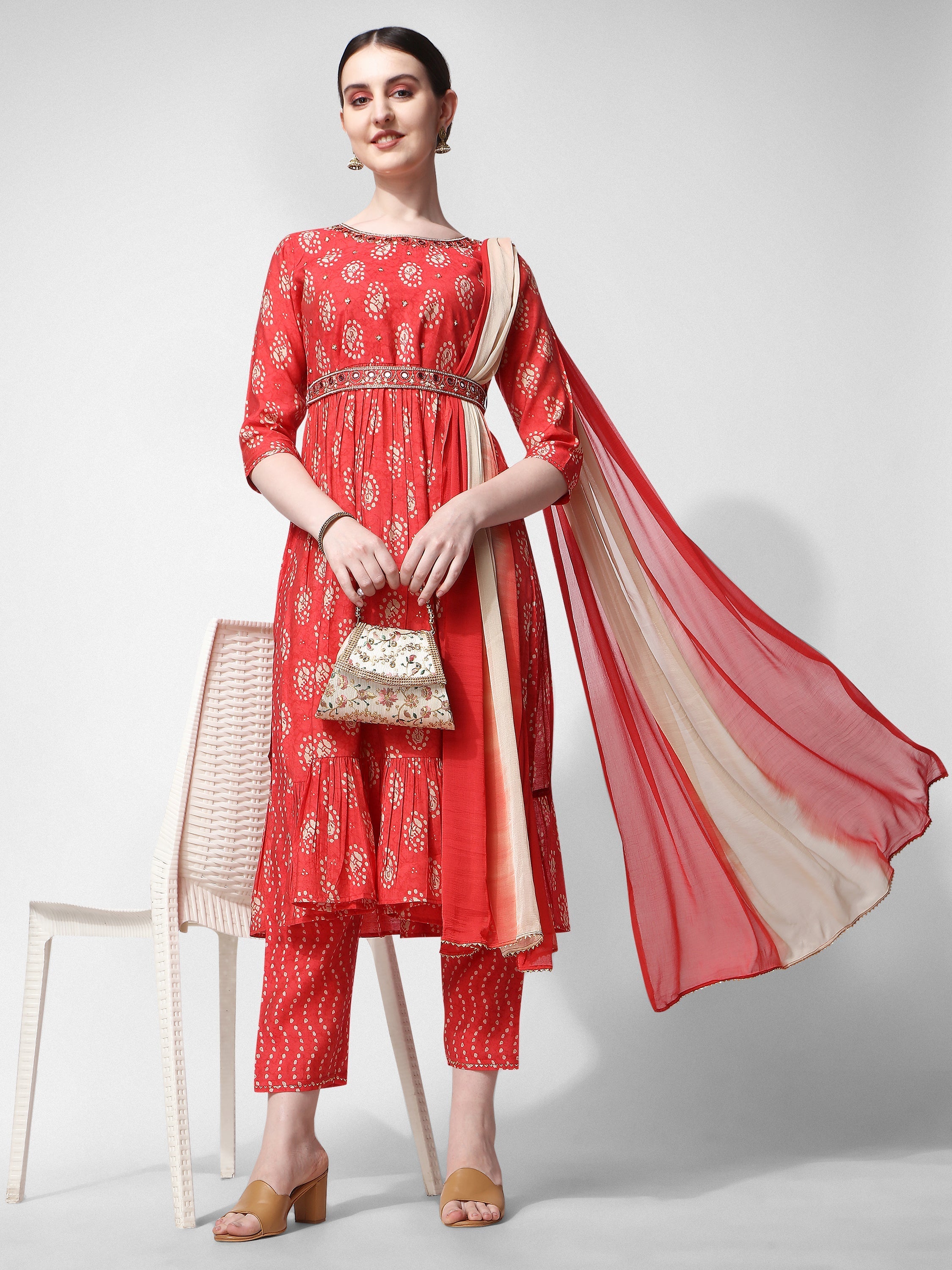 Multicolor Nayra Cut embroidered kurta set including pants, dupatta, and matching embroidered belt