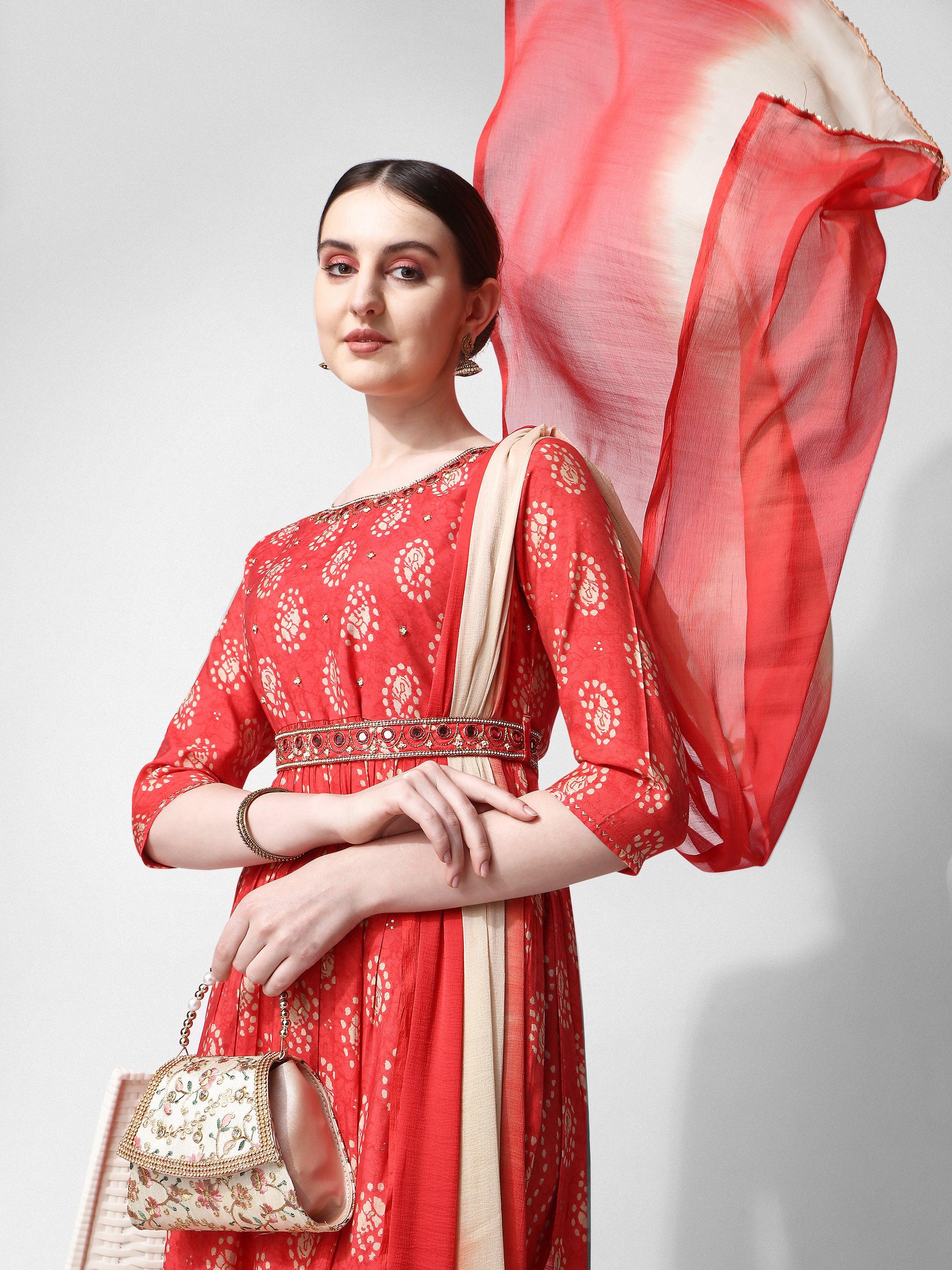Nayra Cut Embroidered Kurta Set with Pant, Dupatta & Belt