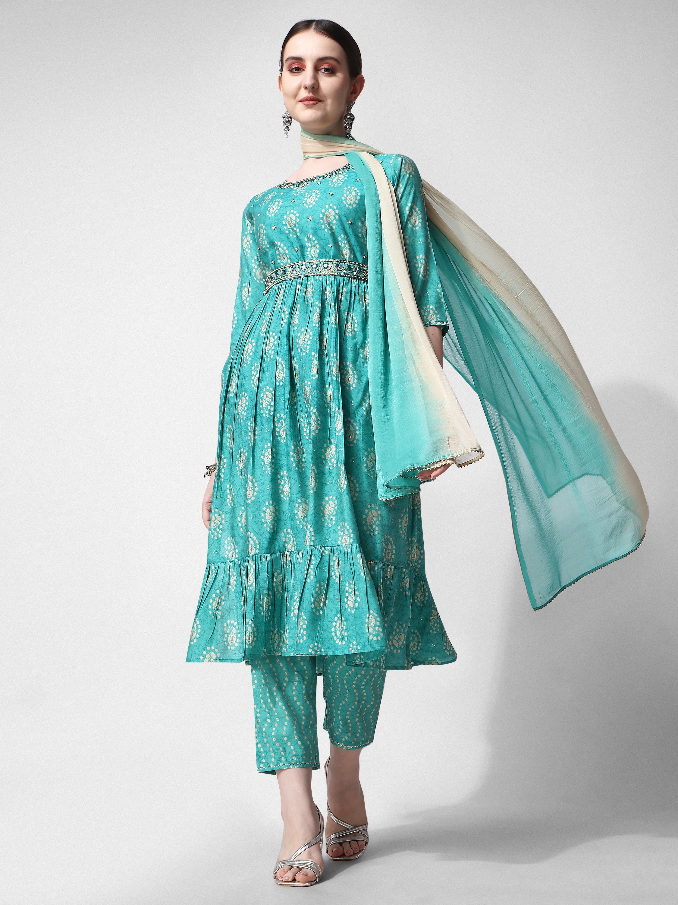 Multicolor Nayra Cut embroidered kurta set including pants, dupatta, and embroidered belt