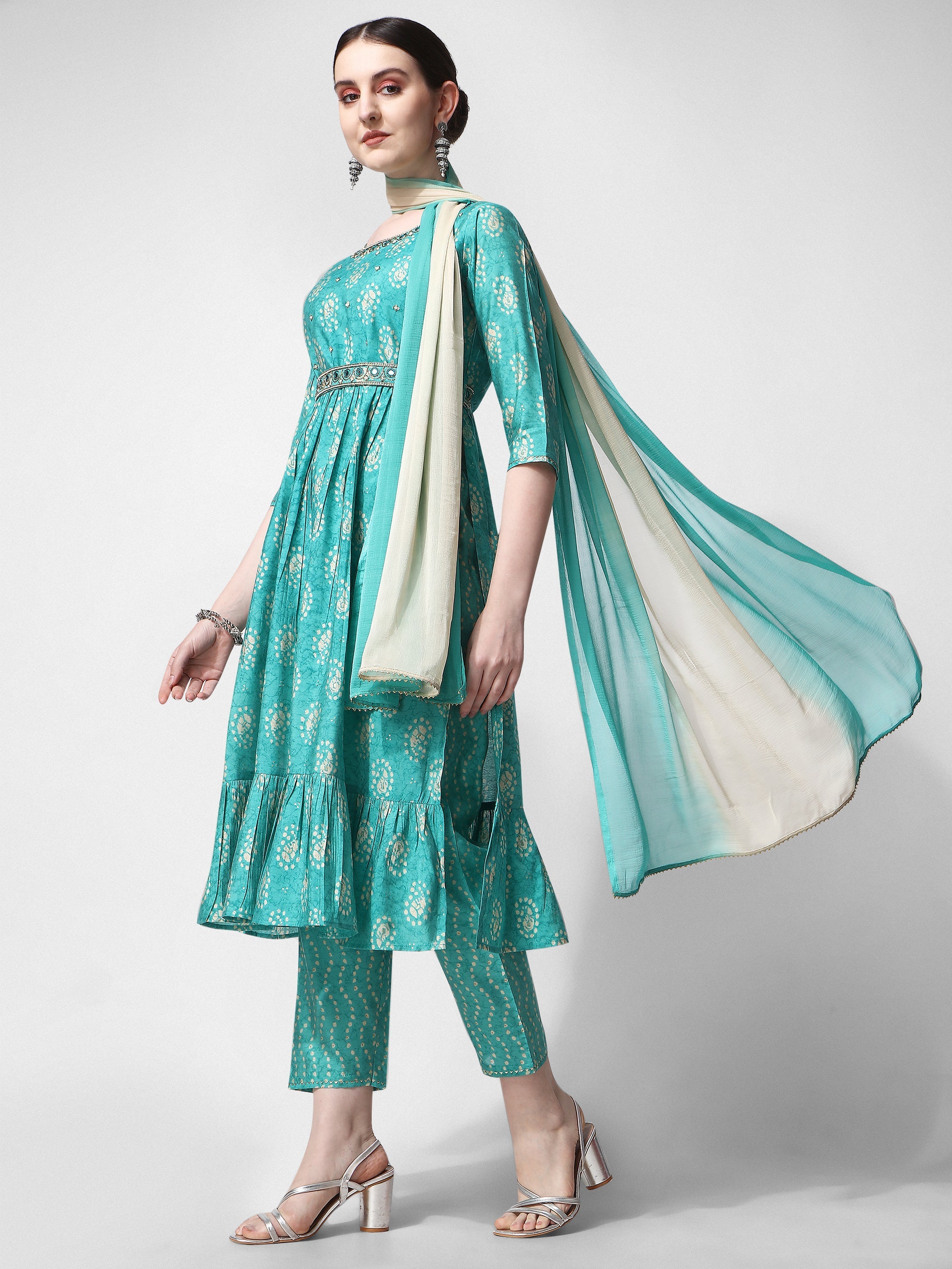 Nayra Cut Embroidered Kurta Set with Pant, Dupatta & Belt