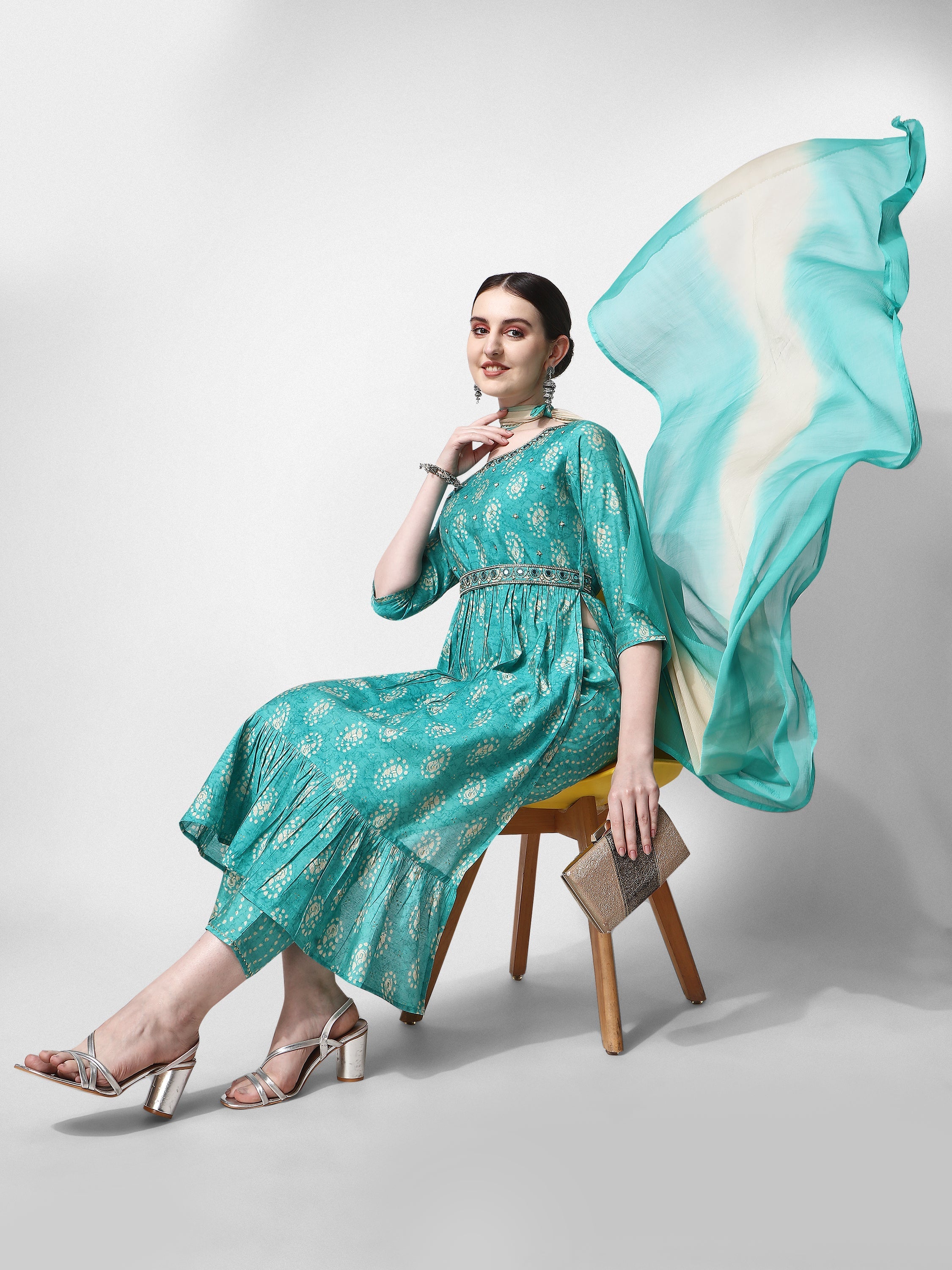 Nayra Cut Embroidered Kurta Set with Pant, Dupatta & Belt