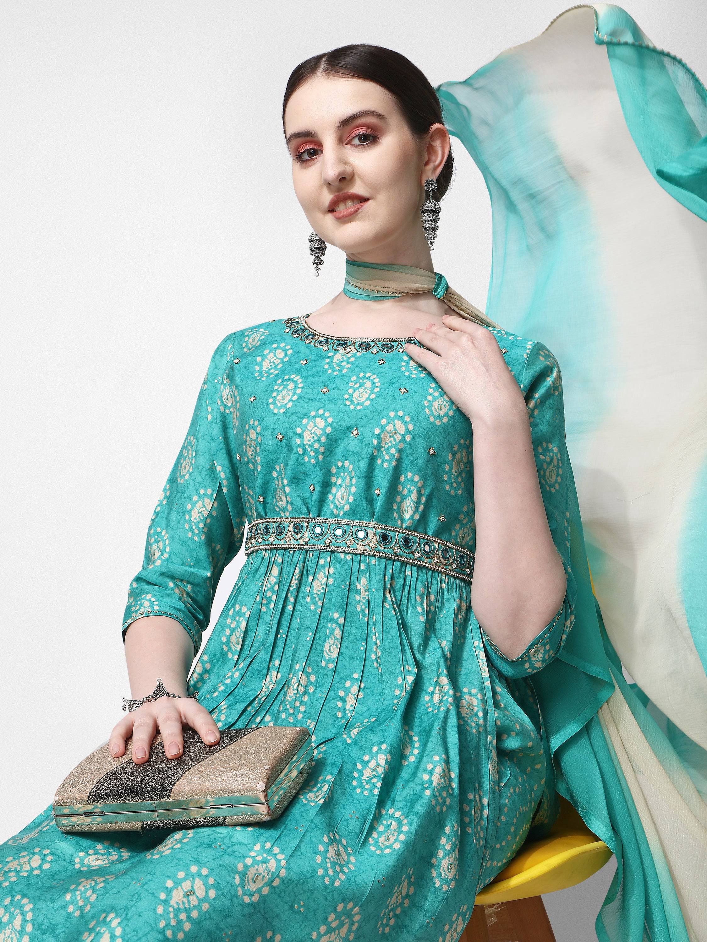 Nayra Cut Embroidered Kurta Set with Pant, Dupatta & Belt