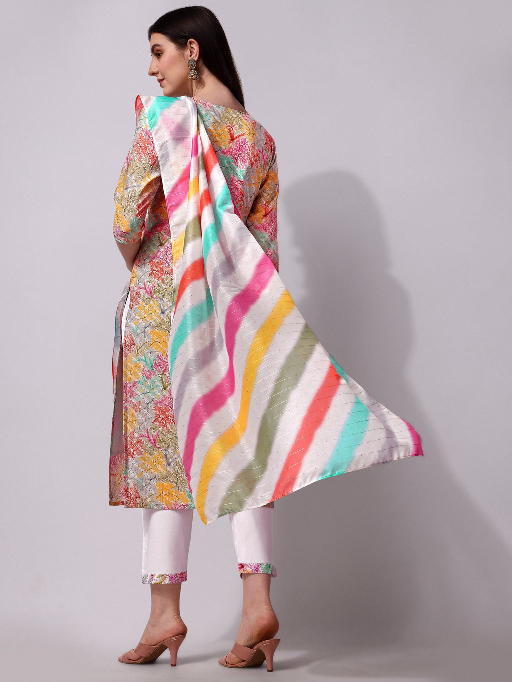 Multicolor Embroidered Rayon Kurta Pant and Printed Dupatta Set