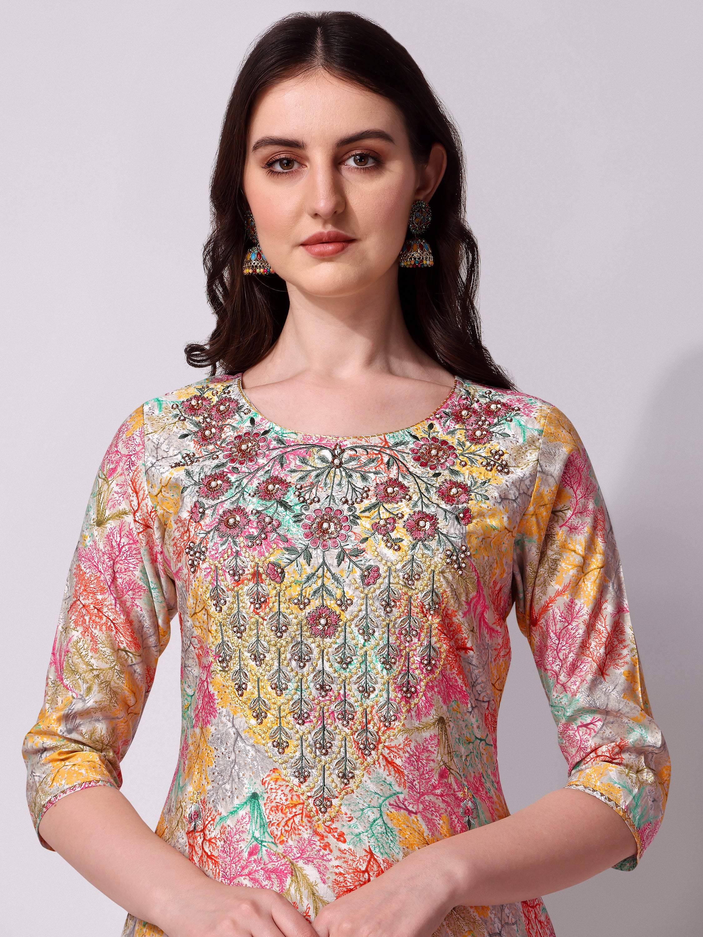 Multicolor Embroidered Rayon Kurta Pant and Printed Dupatta Set