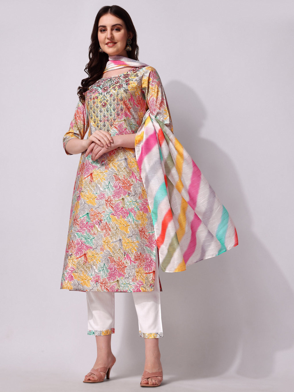 Multicolor embroidered kurta set with printed dupatta and matching pants