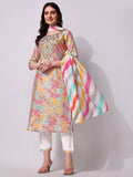 Multicolor embroidered kurta set with printed dupatta and matching pants