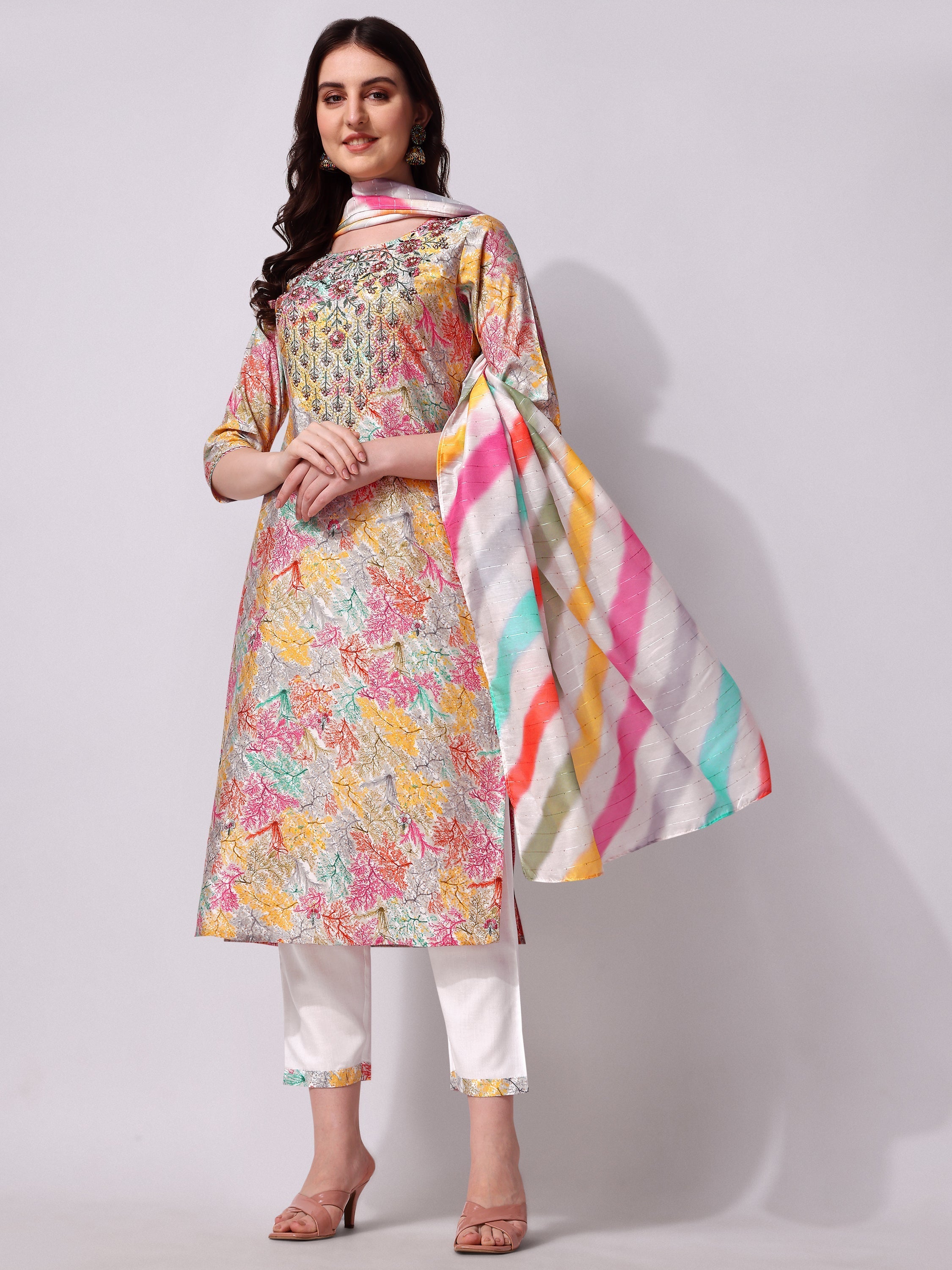 Multicolor embroidered kurta set with printed dupatta and matching pants