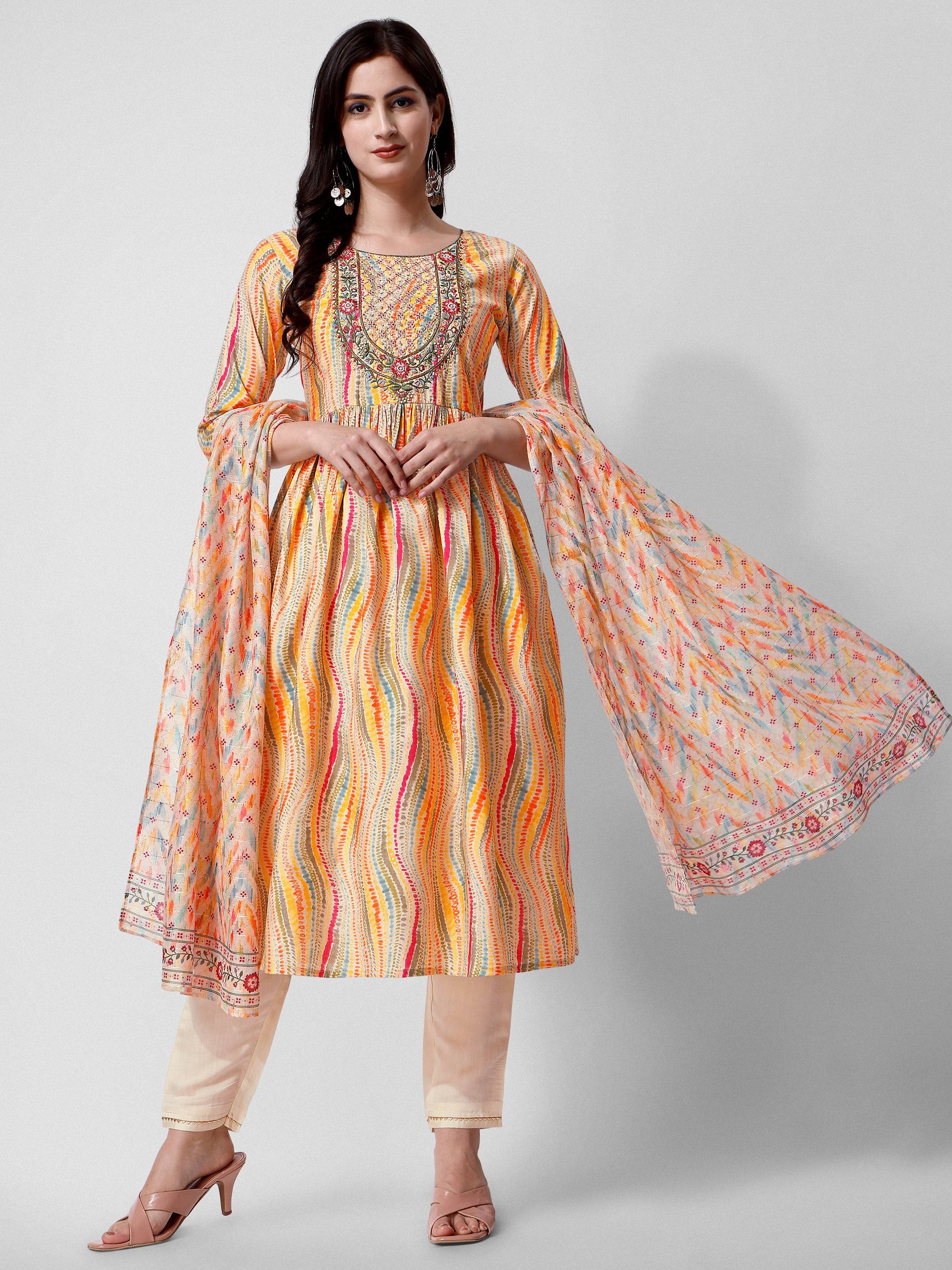 Nayra Cut Embroidered Kurta With Pant And Dupatta Set, Multicolor - Hiral Fashion